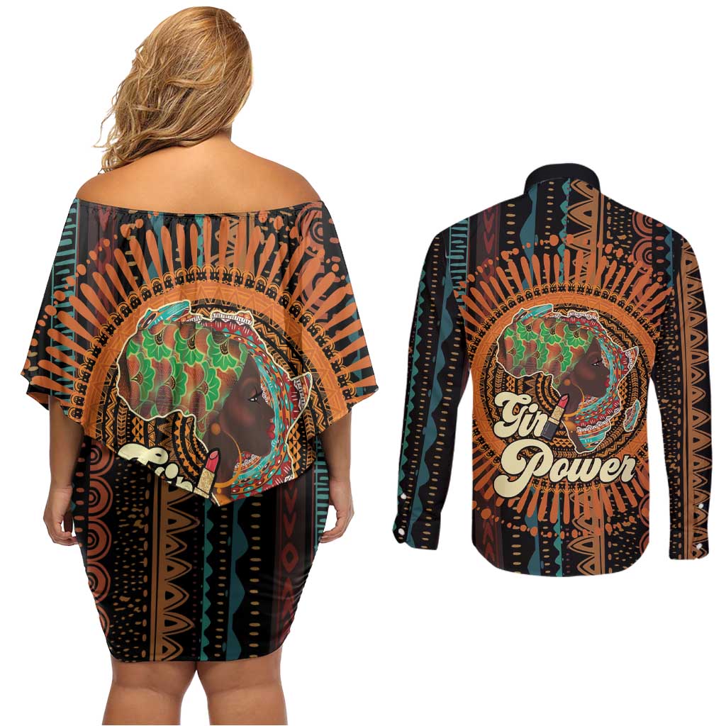 Black Girl Power Couples Matching Off Shoulder Short Dress and Long Sleeve Button Shirt Happy International Women's Day