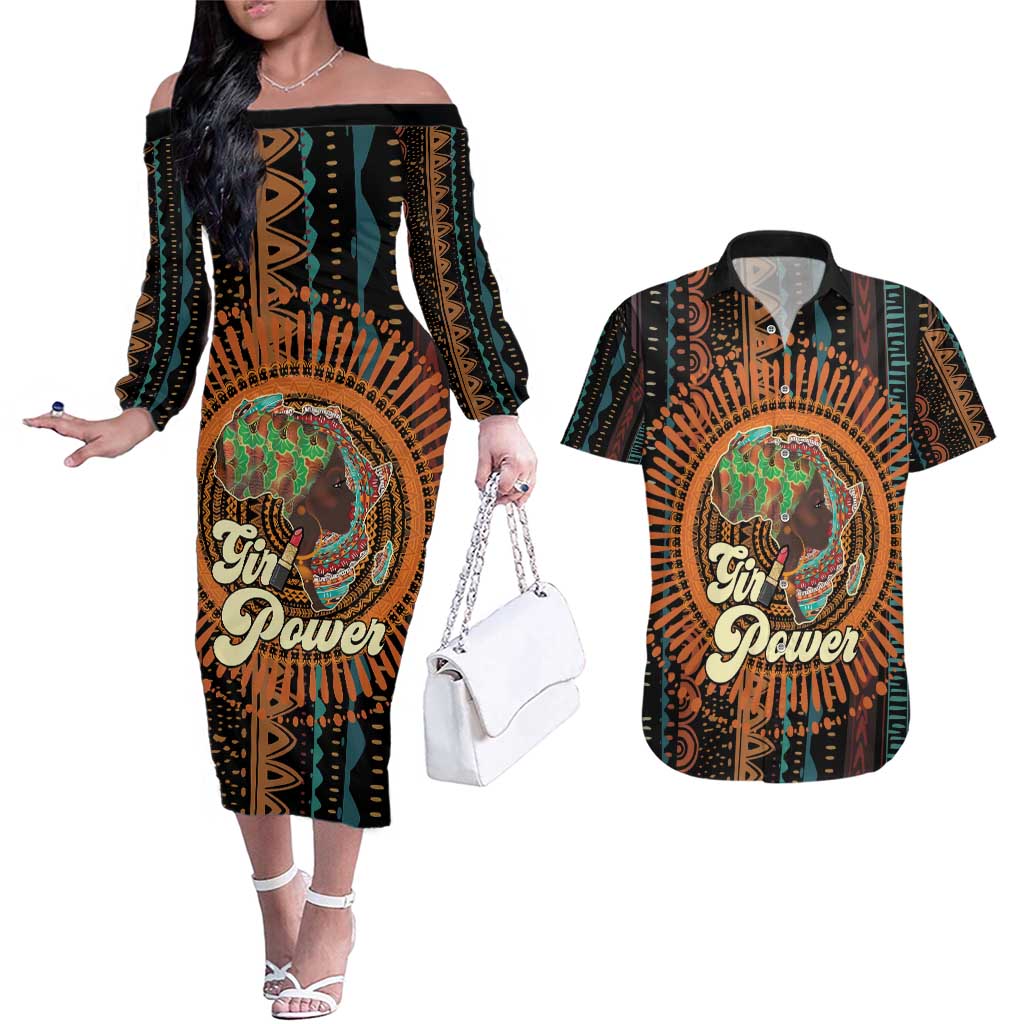 Black Girl Power Couples Matching Off The Shoulder Long Sleeve Dress and Hawaiian Shirt Happy International Women's Day
