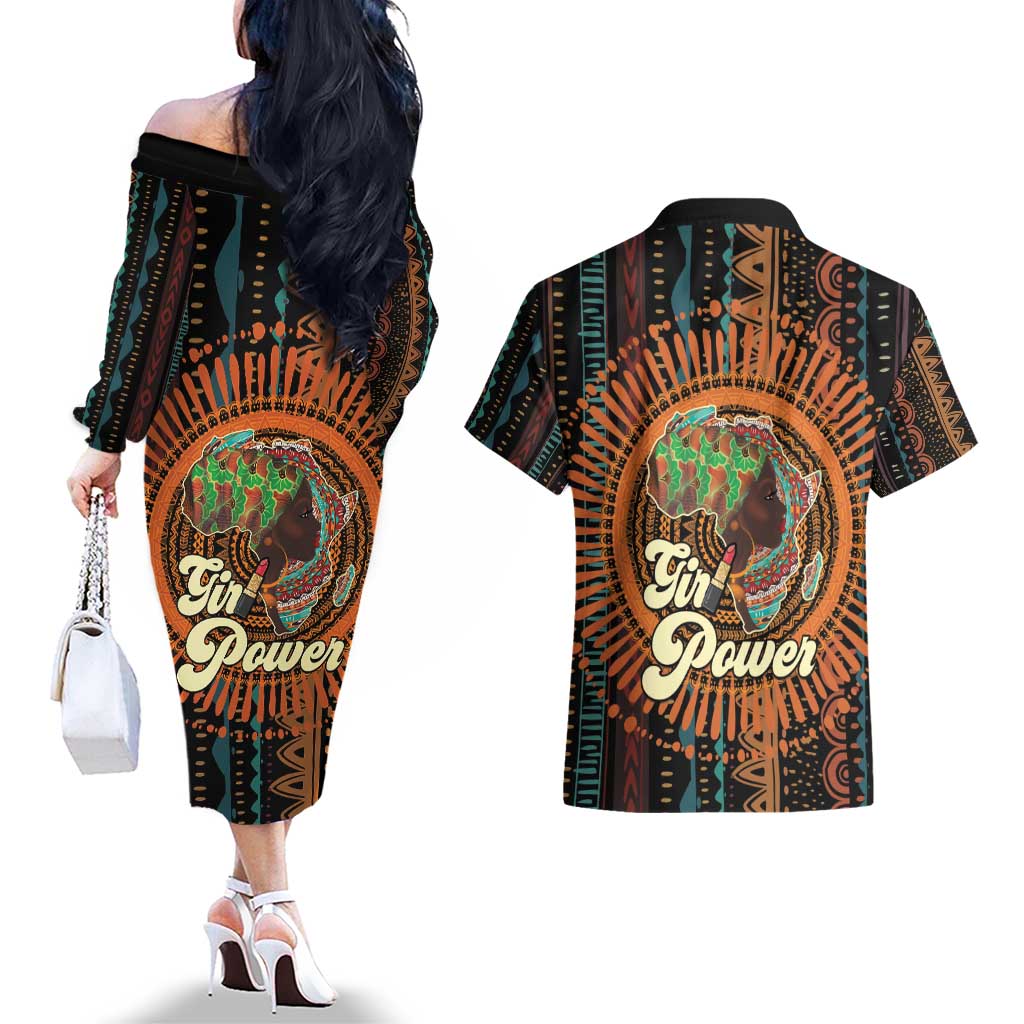Black Girl Power Couples Matching Off The Shoulder Long Sleeve Dress and Hawaiian Shirt Happy International Women's Day