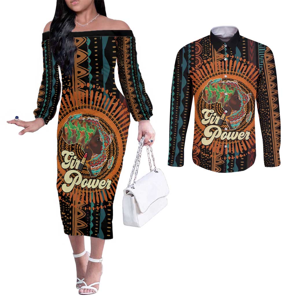 Black Girl Power Couples Matching Off The Shoulder Long Sleeve Dress and Long Sleeve Button Shirt Happy International Women's Day