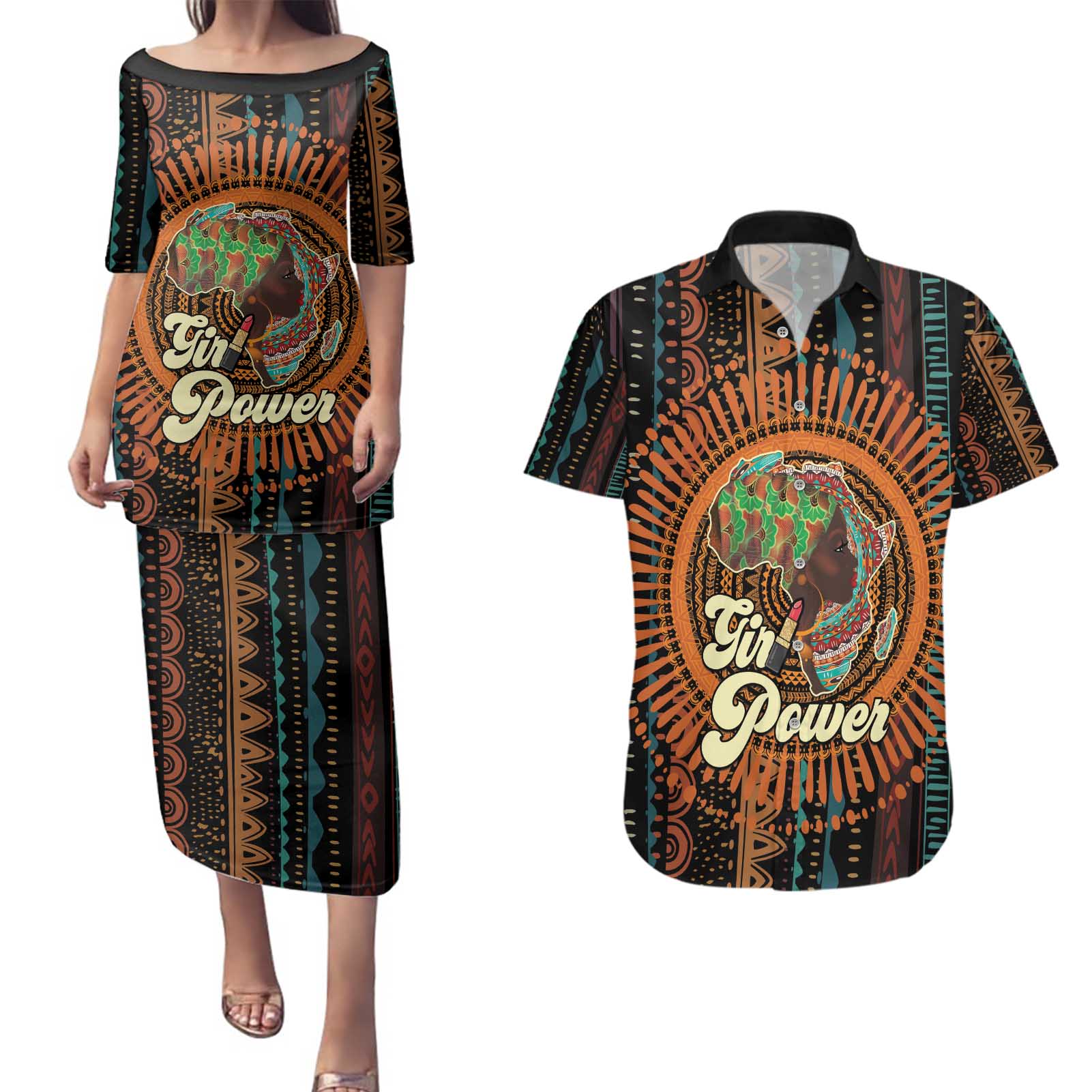 Black Girl Power Couples Matching Puletasi and Hawaiian Shirt Happy International Women's Day