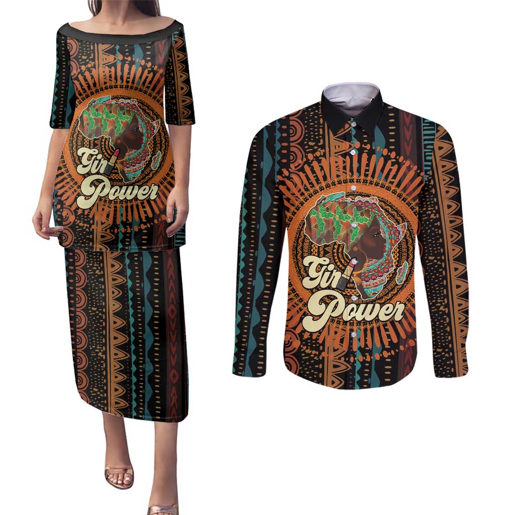 Black Girl Power Couples Matching Puletasi and Long Sleeve Button Shirt Happy International Women's Day