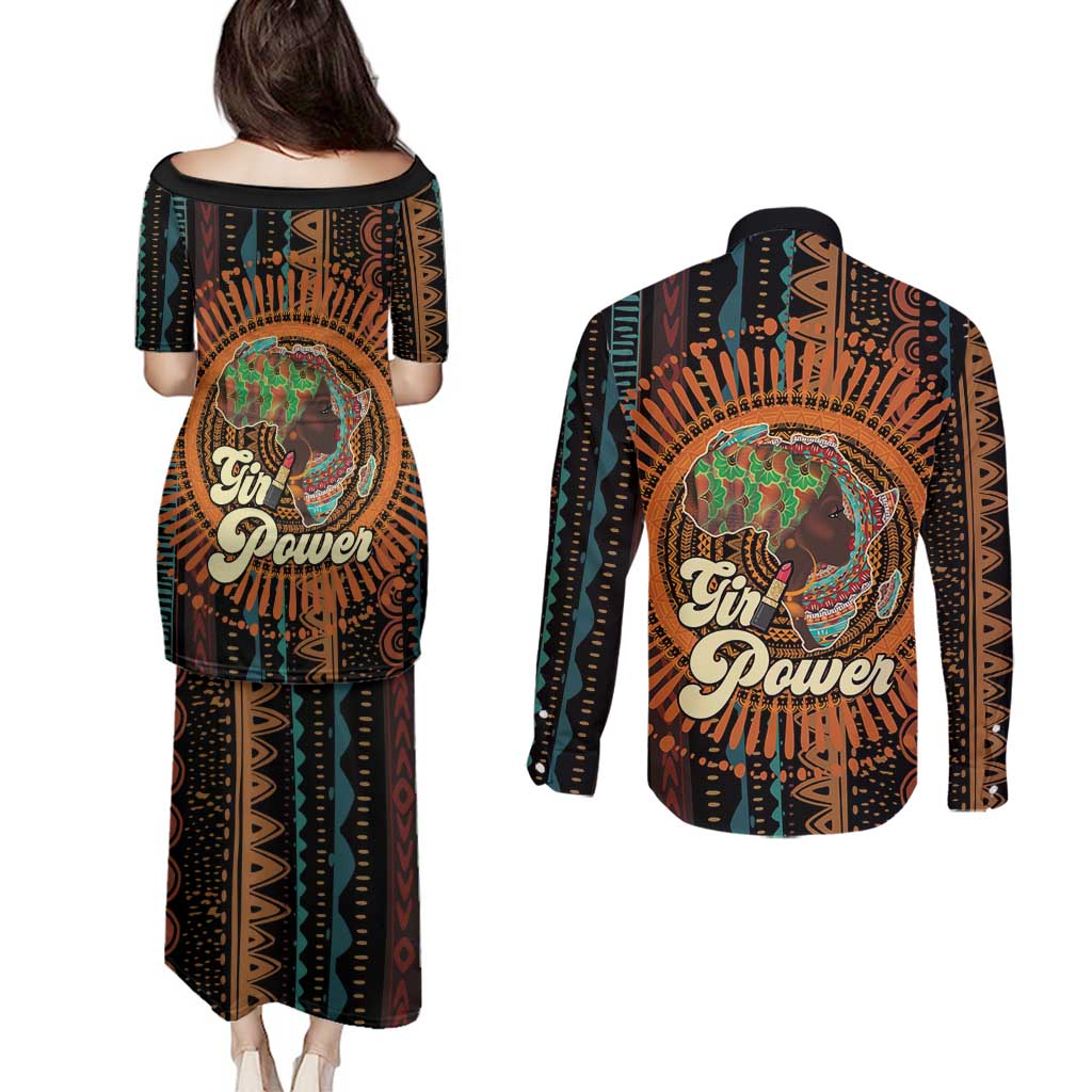 Black Girl Power Couples Matching Puletasi and Long Sleeve Button Shirt Happy International Women's Day