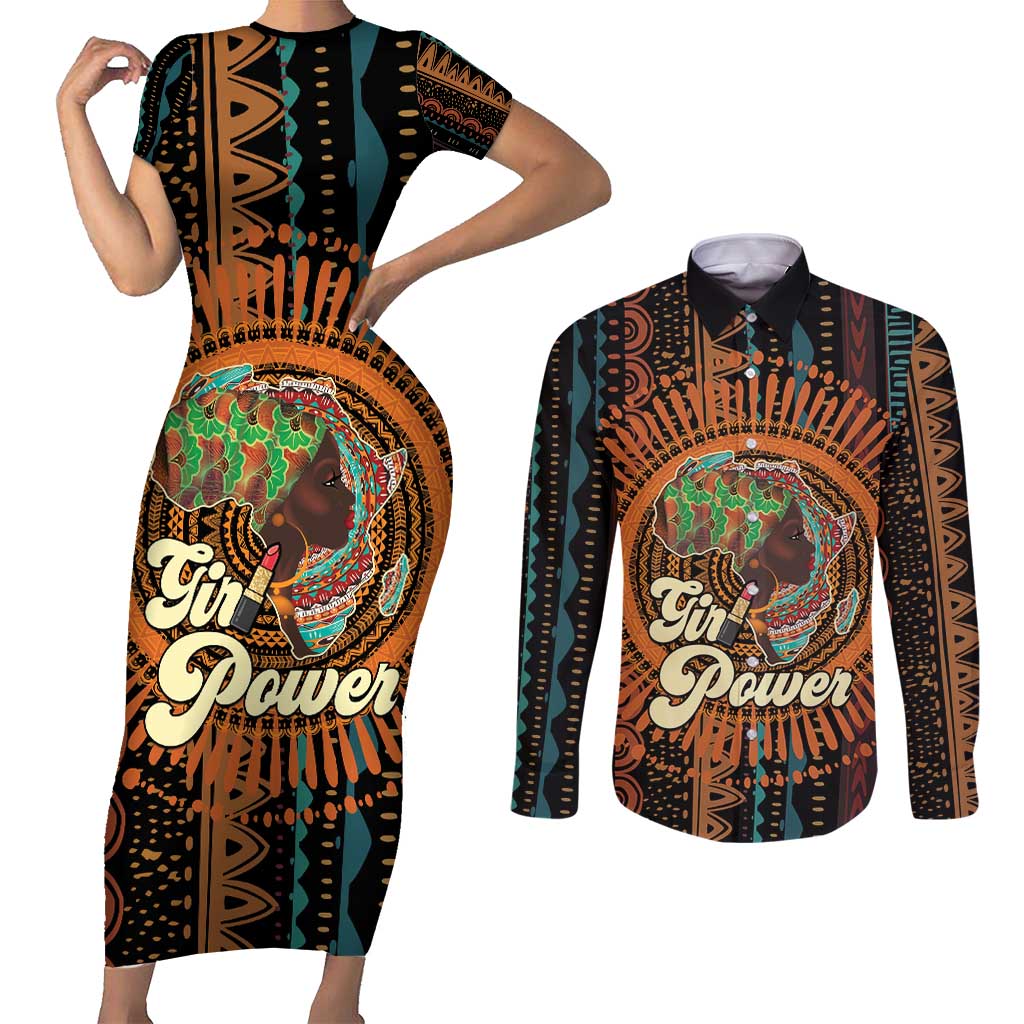 Black Girl Power Couples Matching Short Sleeve Bodycon Dress and Long Sleeve Button Shirt Happy International Women's Day