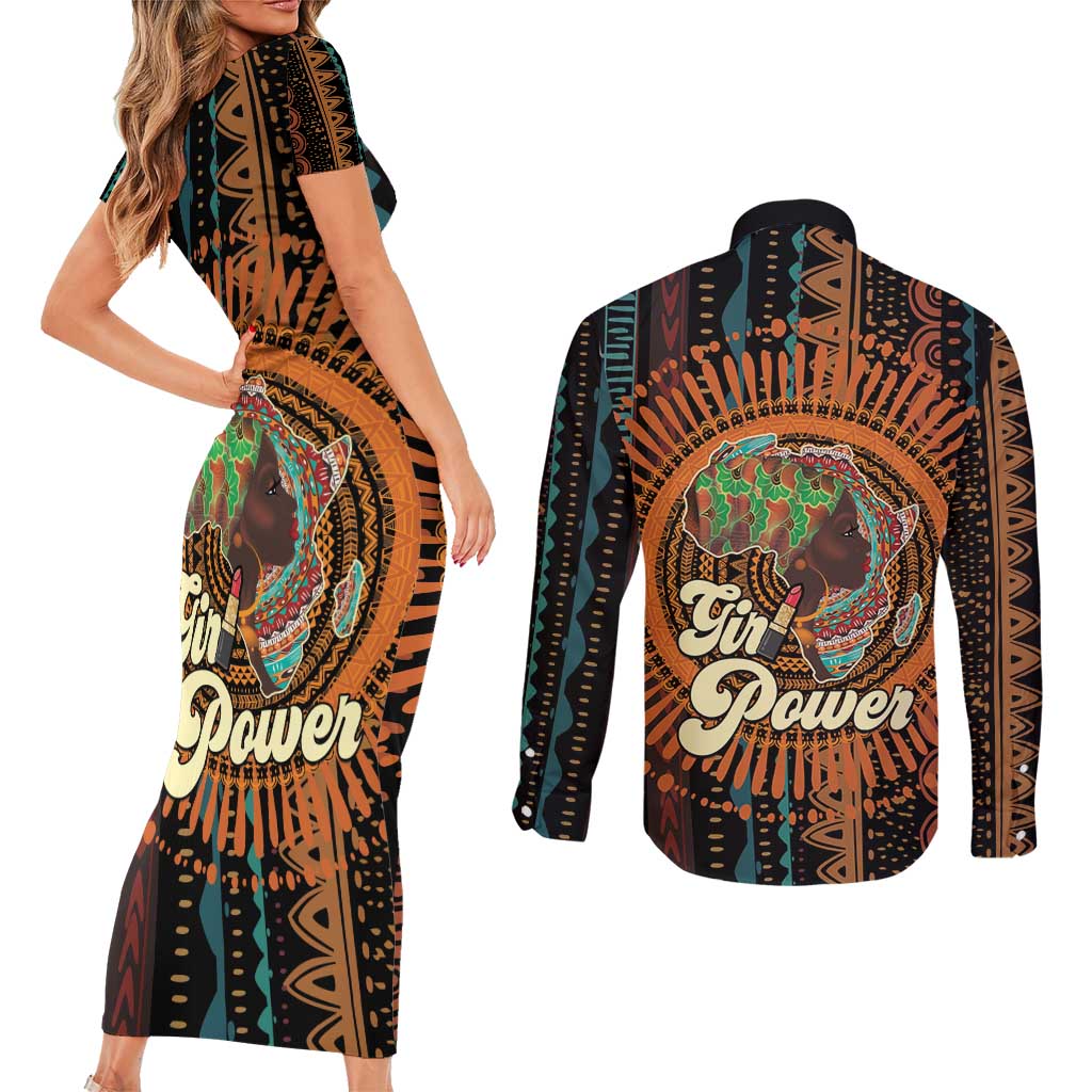 Black Girl Power Couples Matching Short Sleeve Bodycon Dress and Long Sleeve Button Shirt Happy International Women's Day