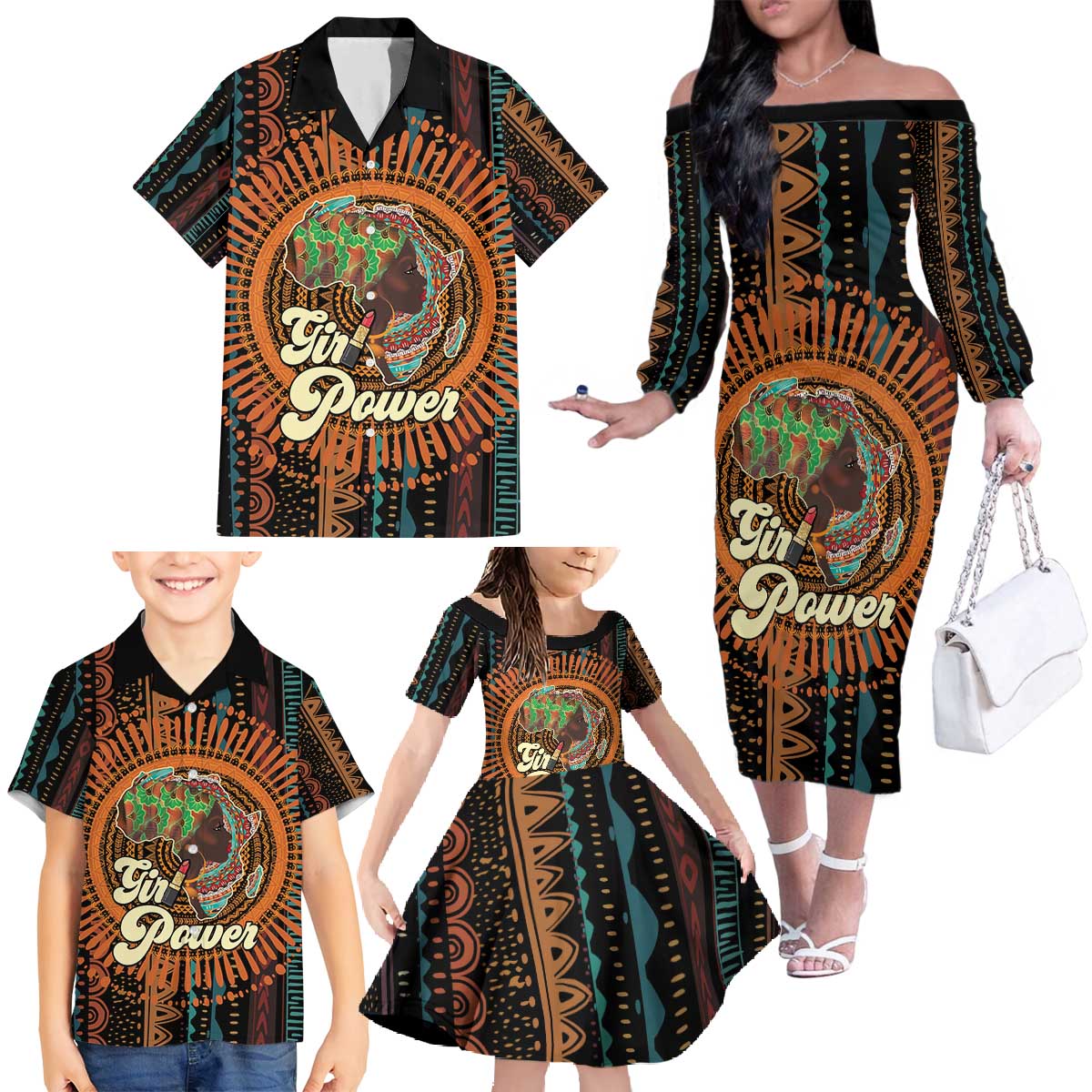 Black Girl Power Family Matching Off The Shoulder Long Sleeve Dress and Hawaiian Shirt Happy International Women's Day