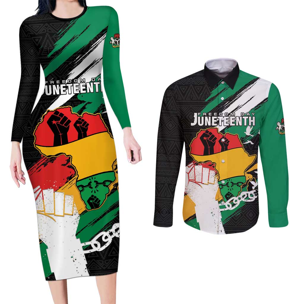 Personalised Nigeria Juneteenth Couples Matching Long Sleeve Bodycon Dress and Long Sleeve Button Shirt Africa Map - Happy Freedom Day