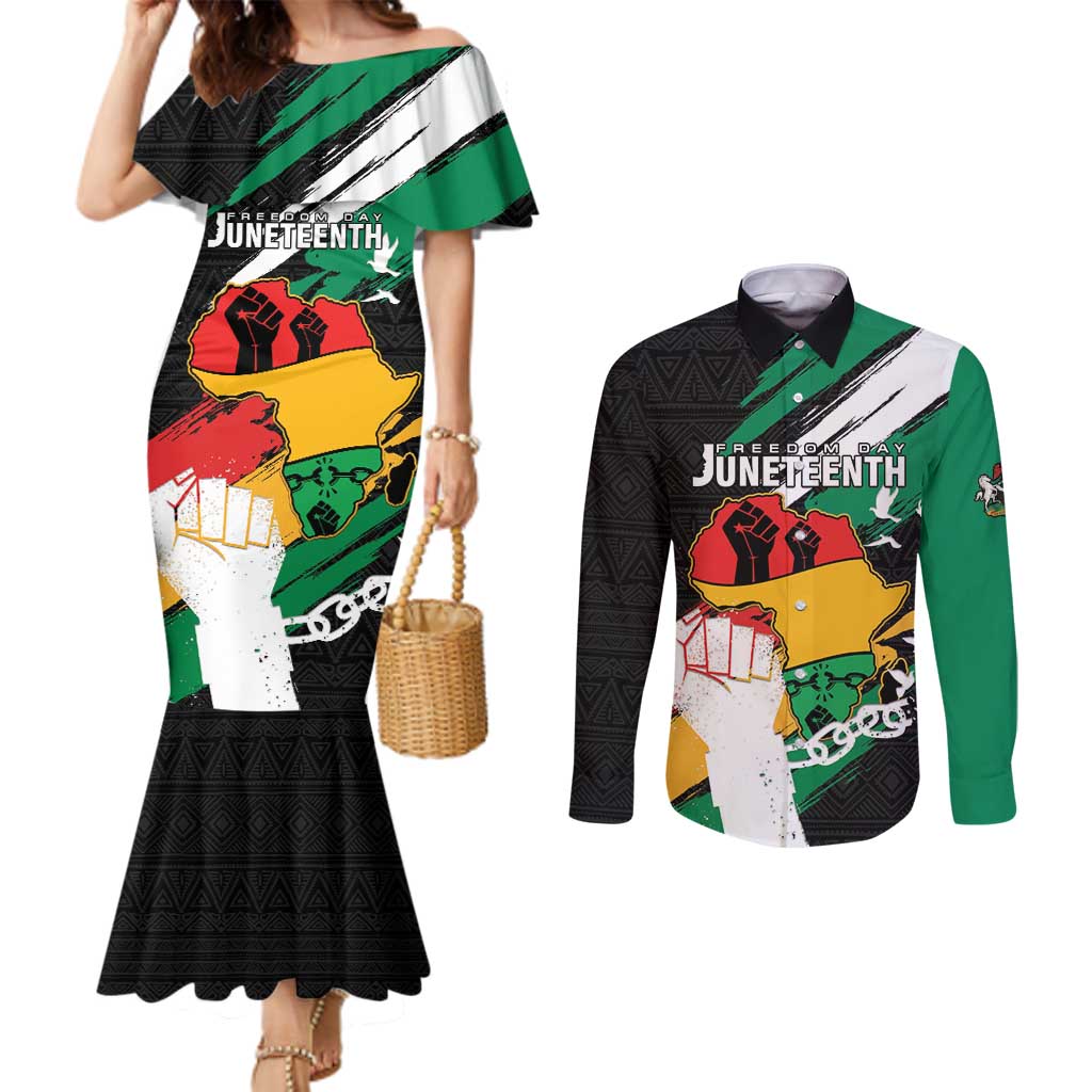 Personalised Nigeria Juneteenth Couples Matching Mermaid Dress and Long Sleeve Button Shirt Africa Map - Happy Freedom Day
