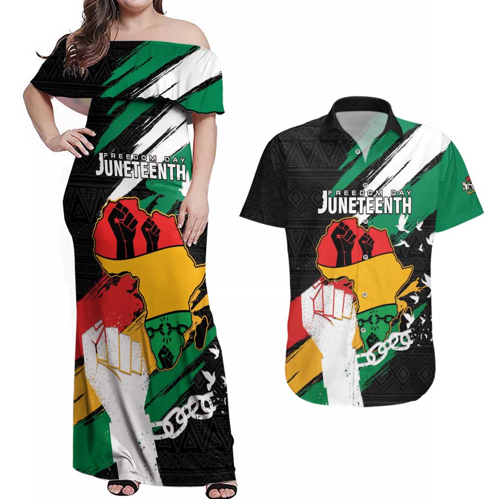 Personalised Nigeria Juneteenth Couples Matching Off Shoulder Maxi Dress and Hawaiian Shirt Africa Map - Happy Freedom Day