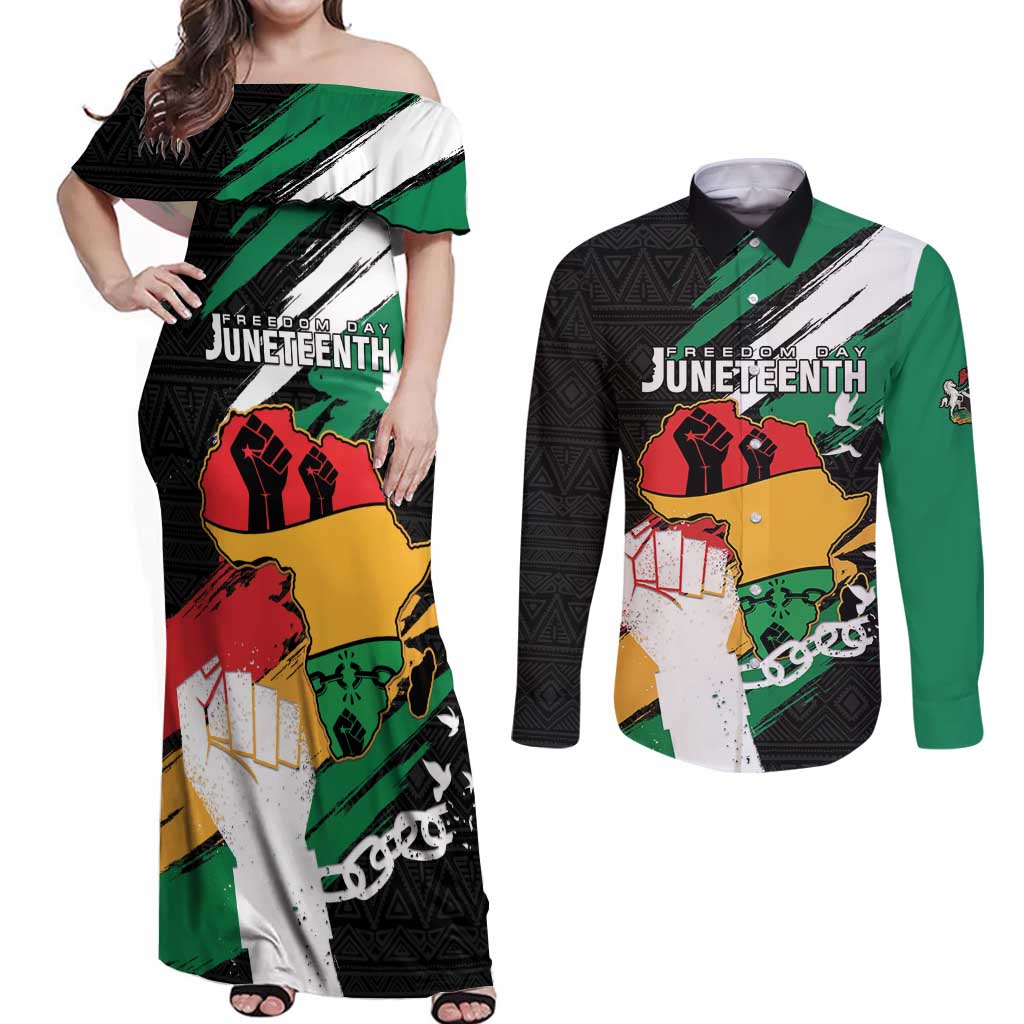 Personalised Nigeria Juneteenth Couples Matching Off Shoulder Maxi Dress and Long Sleeve Button Shirt Africa Map - Happy Freedom Day