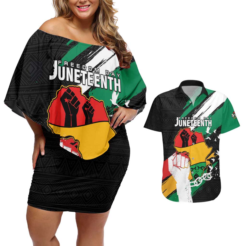Personalised Nigeria Juneteenth Couples Matching Off Shoulder Short Dress and Hawaiian Shirt Africa Map - Happy Freedom Day