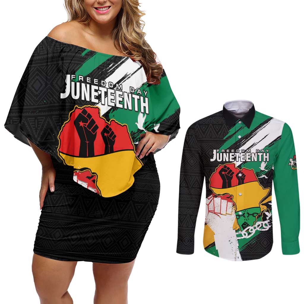 Personalised Nigeria Juneteenth Couples Matching Off Shoulder Short Dress and Long Sleeve Button Shirt Africa Map - Happy Freedom Day