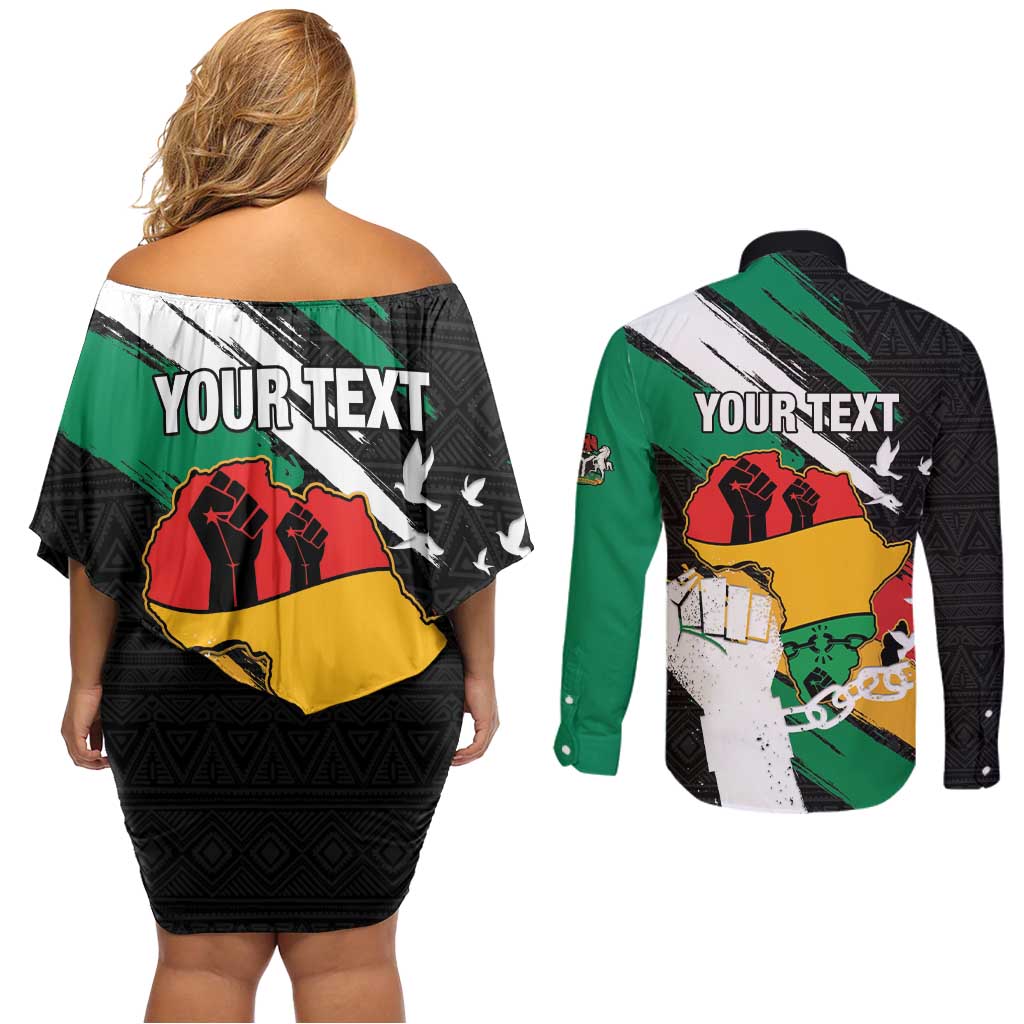 Personalised Nigeria Juneteenth Couples Matching Off Shoulder Short Dress and Long Sleeve Button Shirt Africa Map - Happy Freedom Day