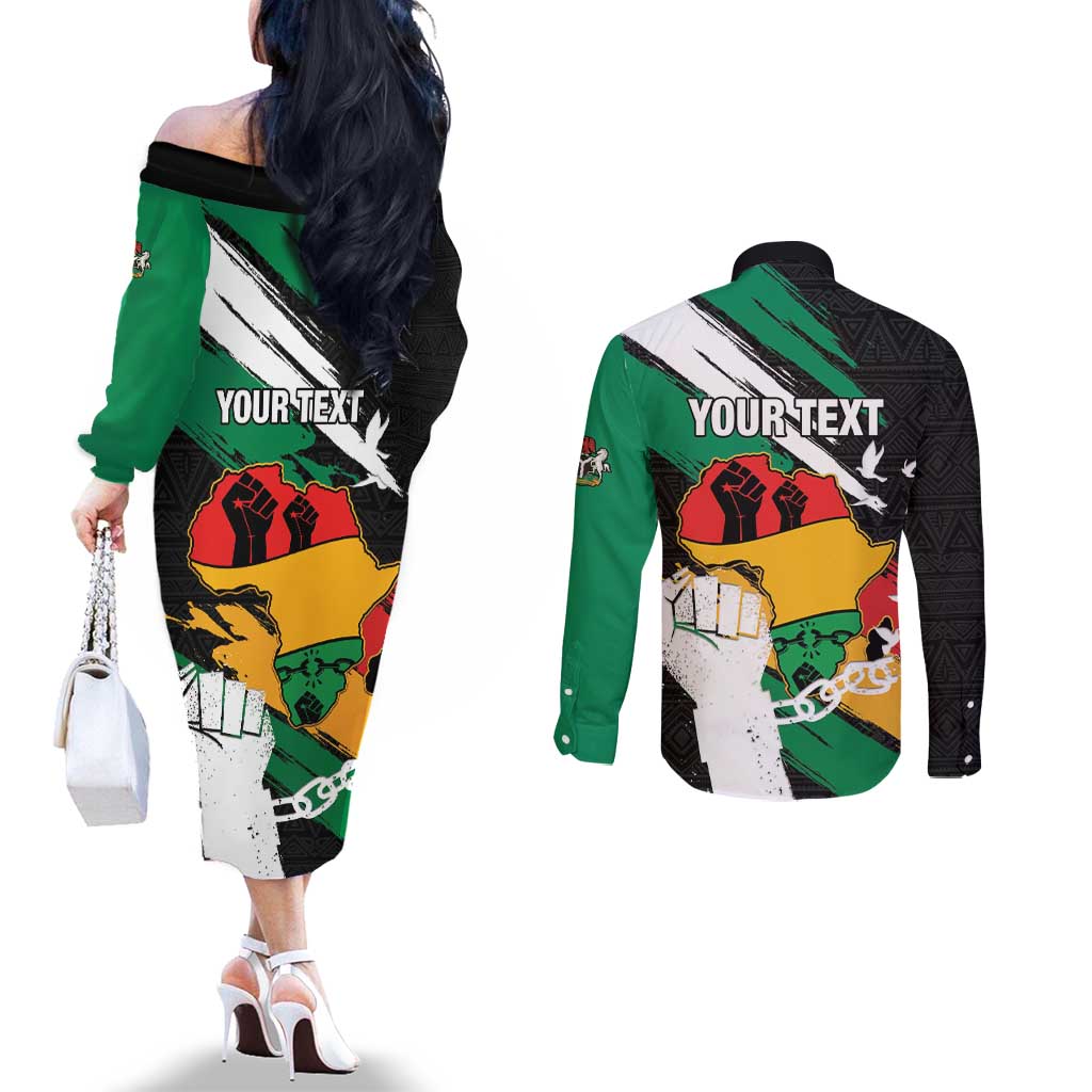 Personalised Nigeria Juneteenth Couples Matching Off The Shoulder Long Sleeve Dress and Long Sleeve Button Shirt Africa Map - Happy Freedom Day