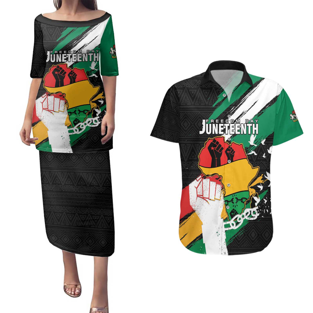 Personalised Nigeria Juneteenth Couples Matching Puletasi and Hawaiian Shirt Africa Map - Happy Freedom Day