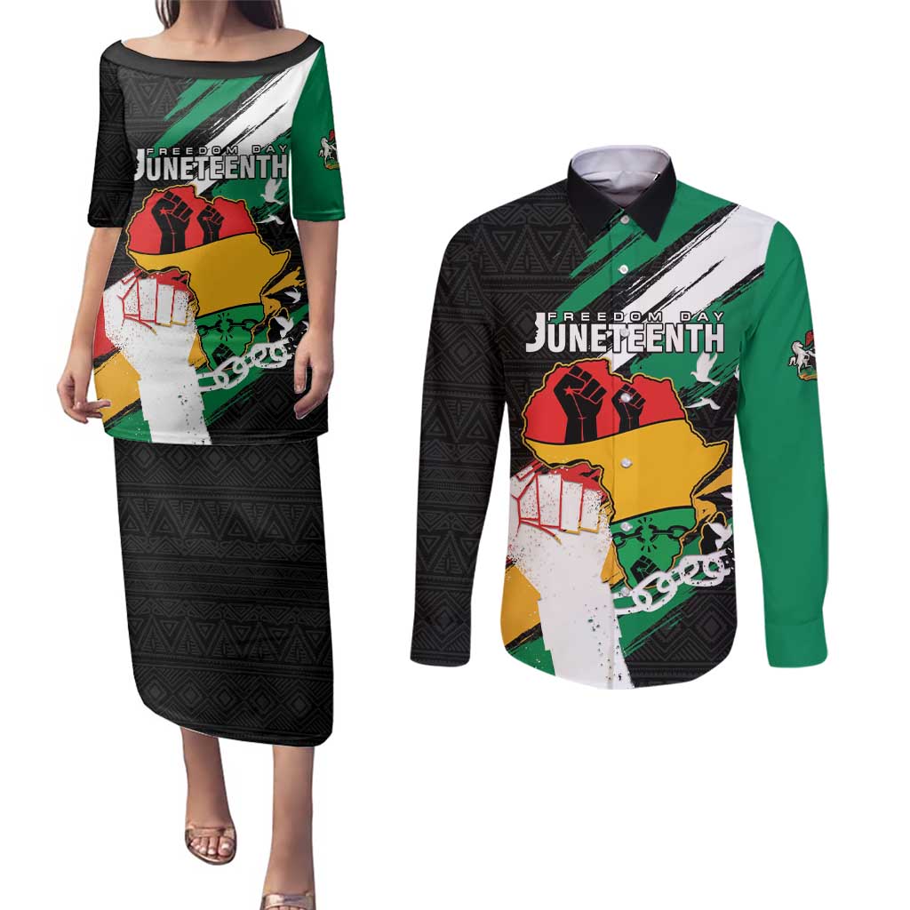 Personalised Nigeria Juneteenth Couples Matching Puletasi and Long Sleeve Button Shirt Africa Map - Happy Freedom Day