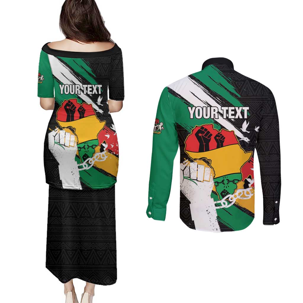 Personalised Nigeria Juneteenth Couples Matching Puletasi and Long Sleeve Button Shirt Africa Map - Happy Freedom Day