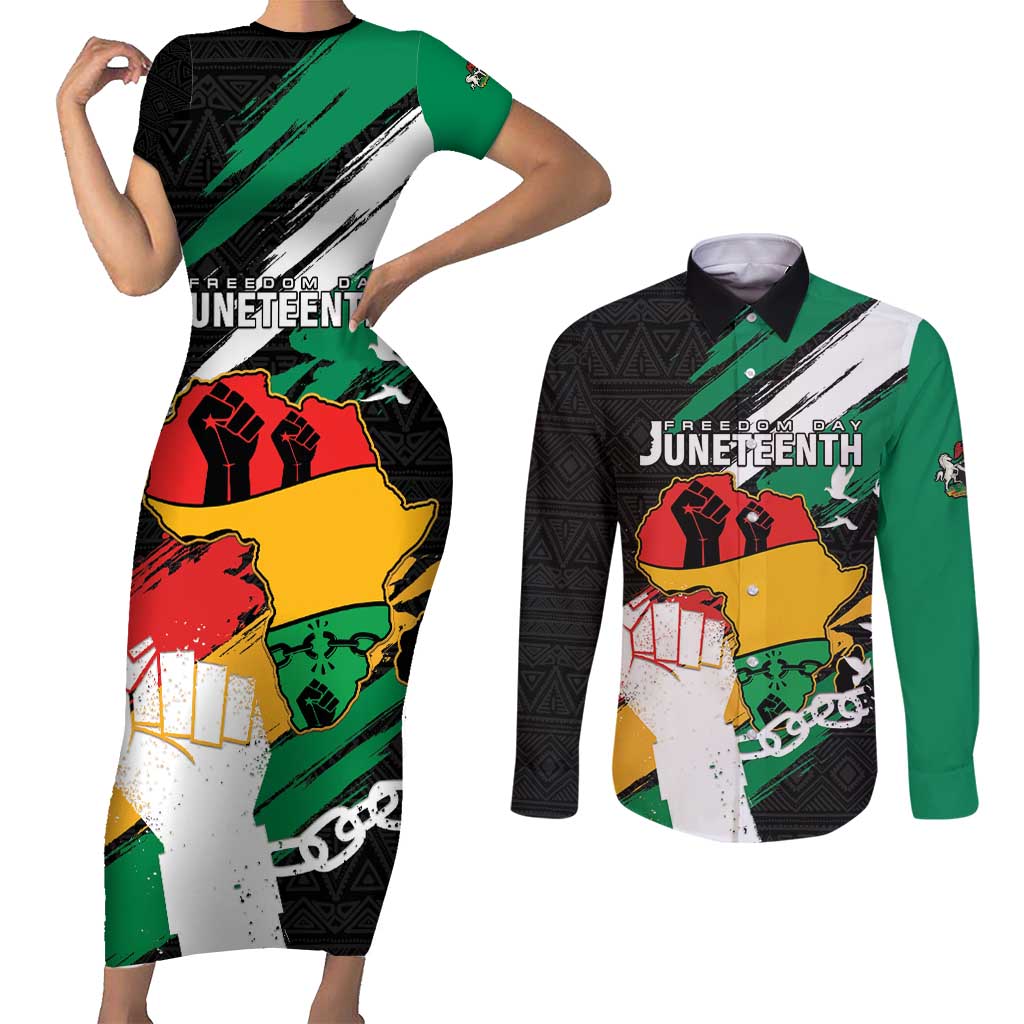 Personalised Nigeria Juneteenth Couples Matching Short Sleeve Bodycon Dress and Long Sleeve Button Shirt Africa Map - Happy Freedom Day