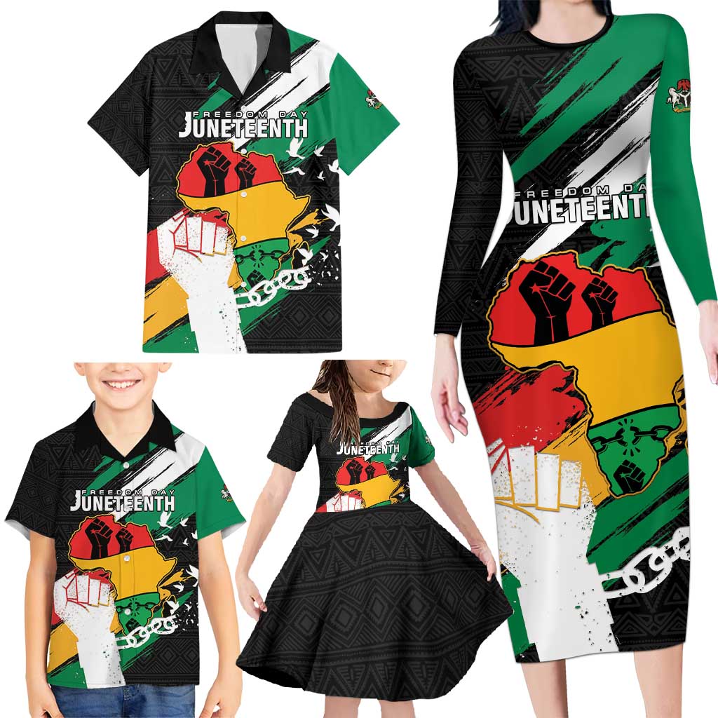 Personalised Nigeria Juneteenth Family Matching Long Sleeve Bodycon Dress and Hawaiian Shirt Africa Map - Happy Freedom Day