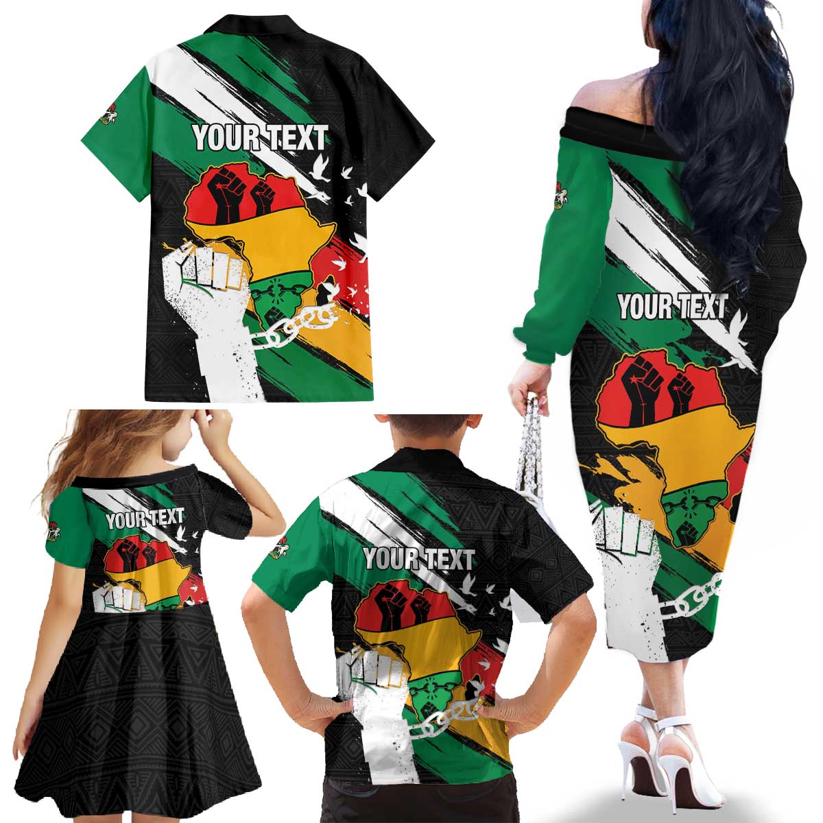 Personalised Nigeria Juneteenth Family Matching Off The Shoulder Long Sleeve Dress and Hawaiian Shirt Africa Map - Happy Freedom Day