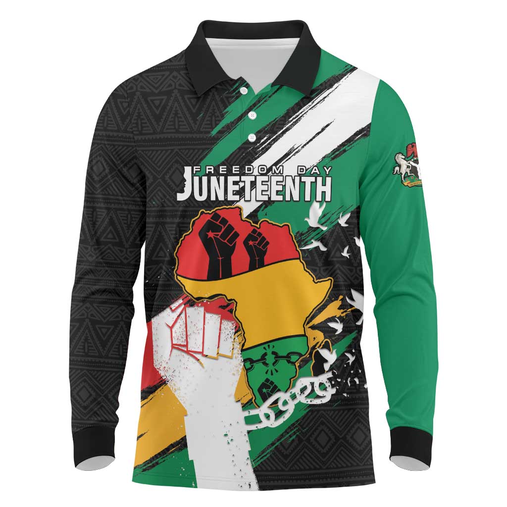 Personalised Nigeria Juneteenth Long Sleeve Polo Shirt Africa Map - Happy Freedom Day