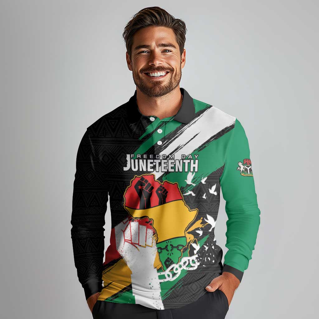 Personalised Nigeria Juneteenth Long Sleeve Polo Shirt Africa Map - Happy Freedom Day