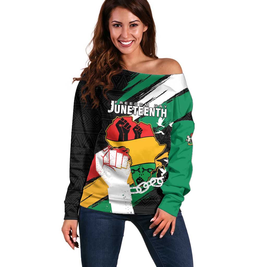 Personalised Nigeria Juneteenth Off Shoulder Sweater Africa Map - Happy Freedom Day
