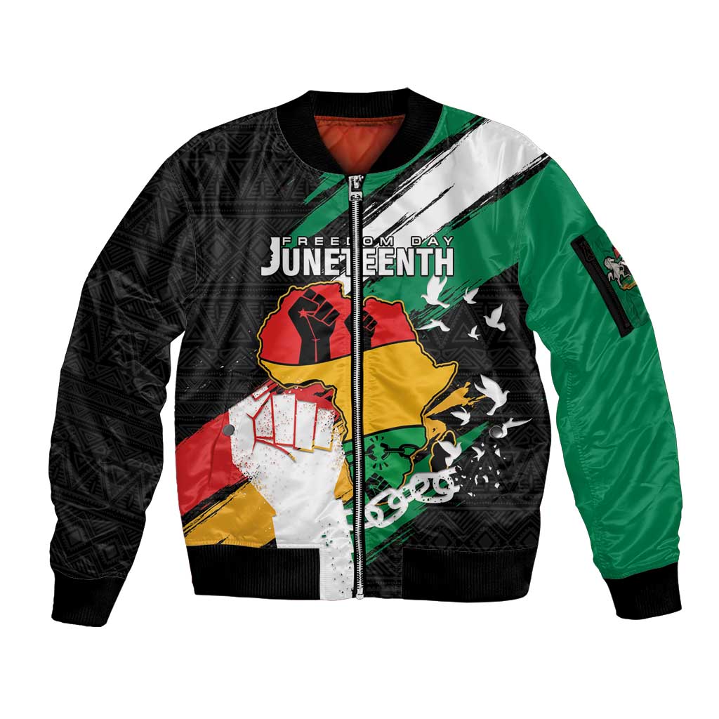 Personalised Nigeria Juneteenth Sleeve Zip Bomber Jacket Africa Map - Happy Freedom Day