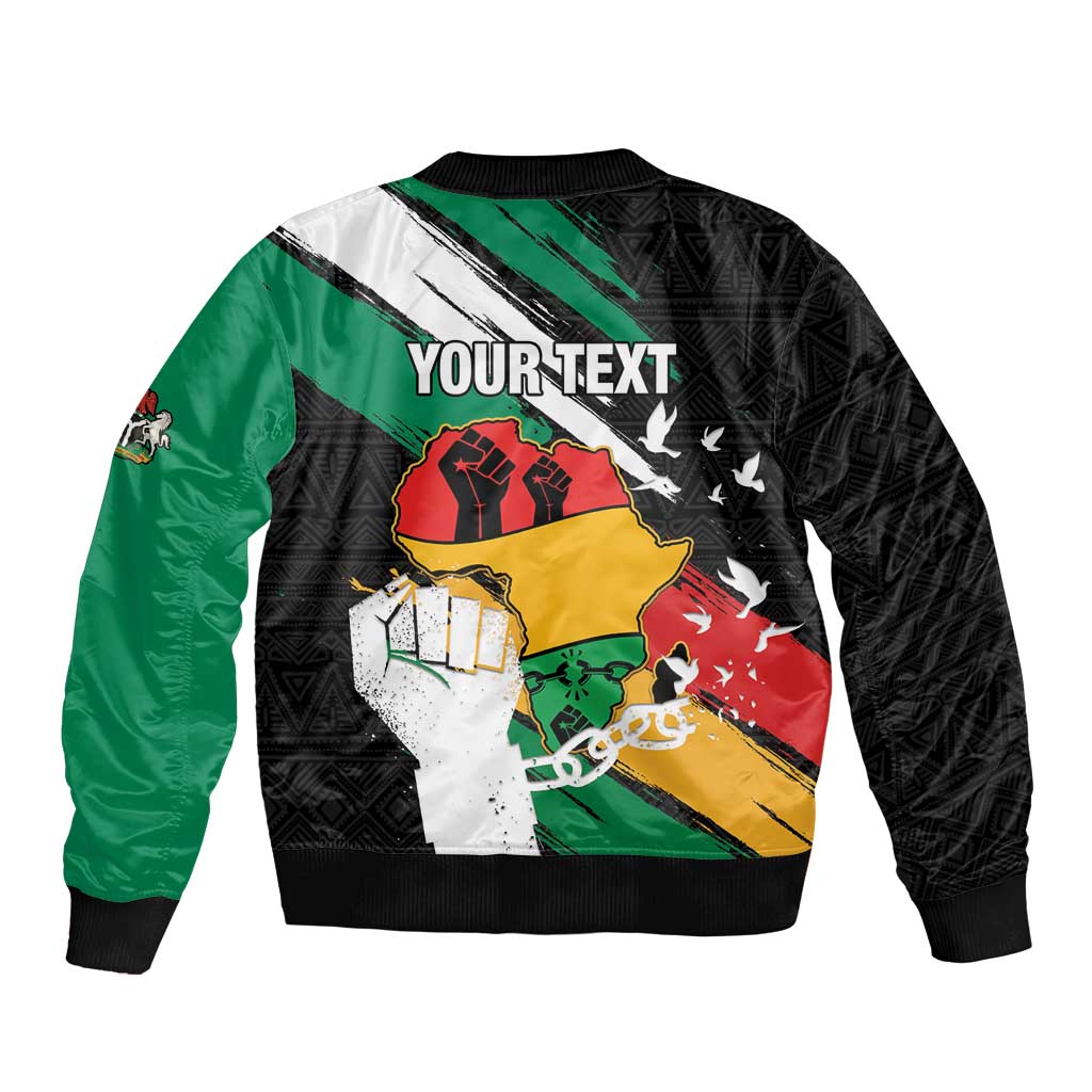 Personalised Nigeria Juneteenth Sleeve Zip Bomber Jacket Africa Map - Happy Freedom Day