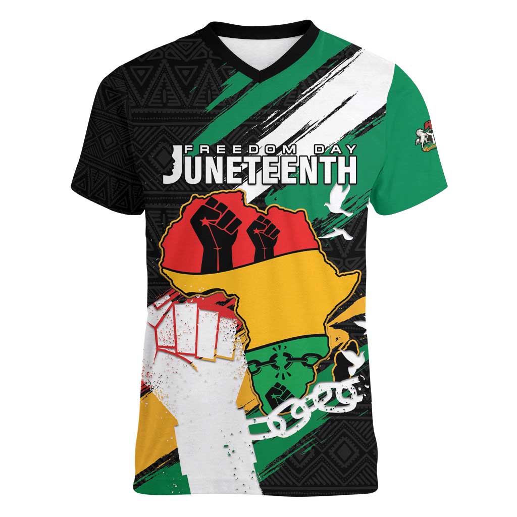 Personalised Nigeria Juneteenth Women V-Neck T-Shirt Africa Map - Happy Freedom Day