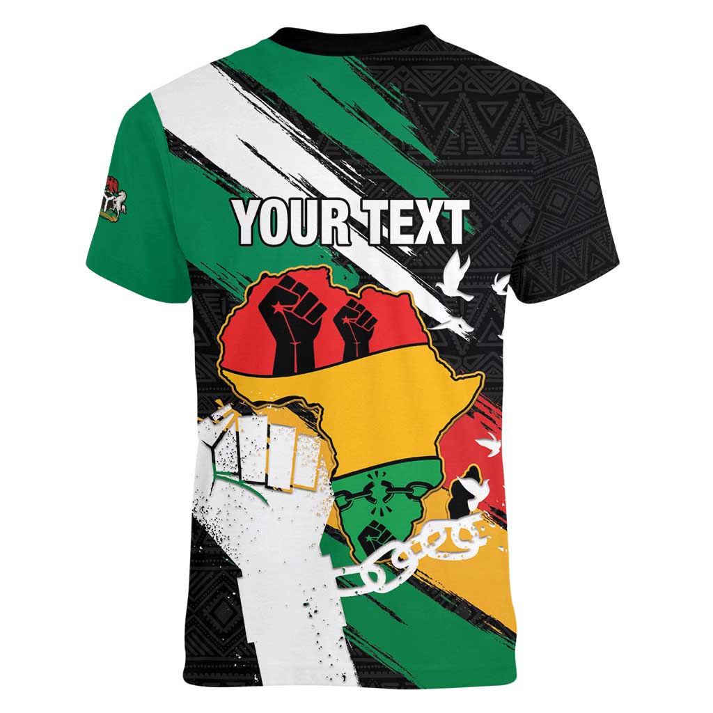 Personalised Nigeria Juneteenth Women V-Neck T-Shirt Africa Map - Happy Freedom Day