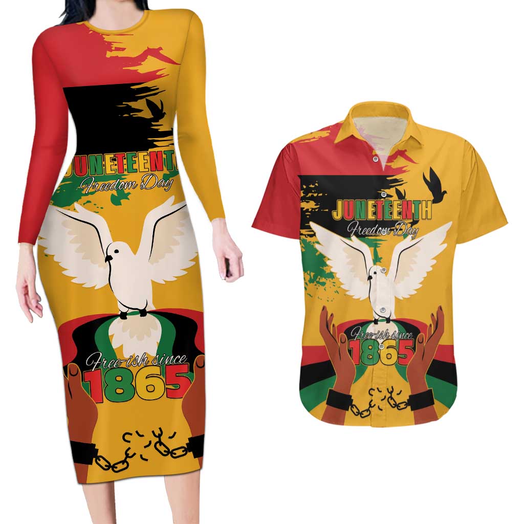 Juneteenth African American Couples Matching Long Sleeve Bodycon Dress and Hawaiian Shirt Free-ish Since 1865