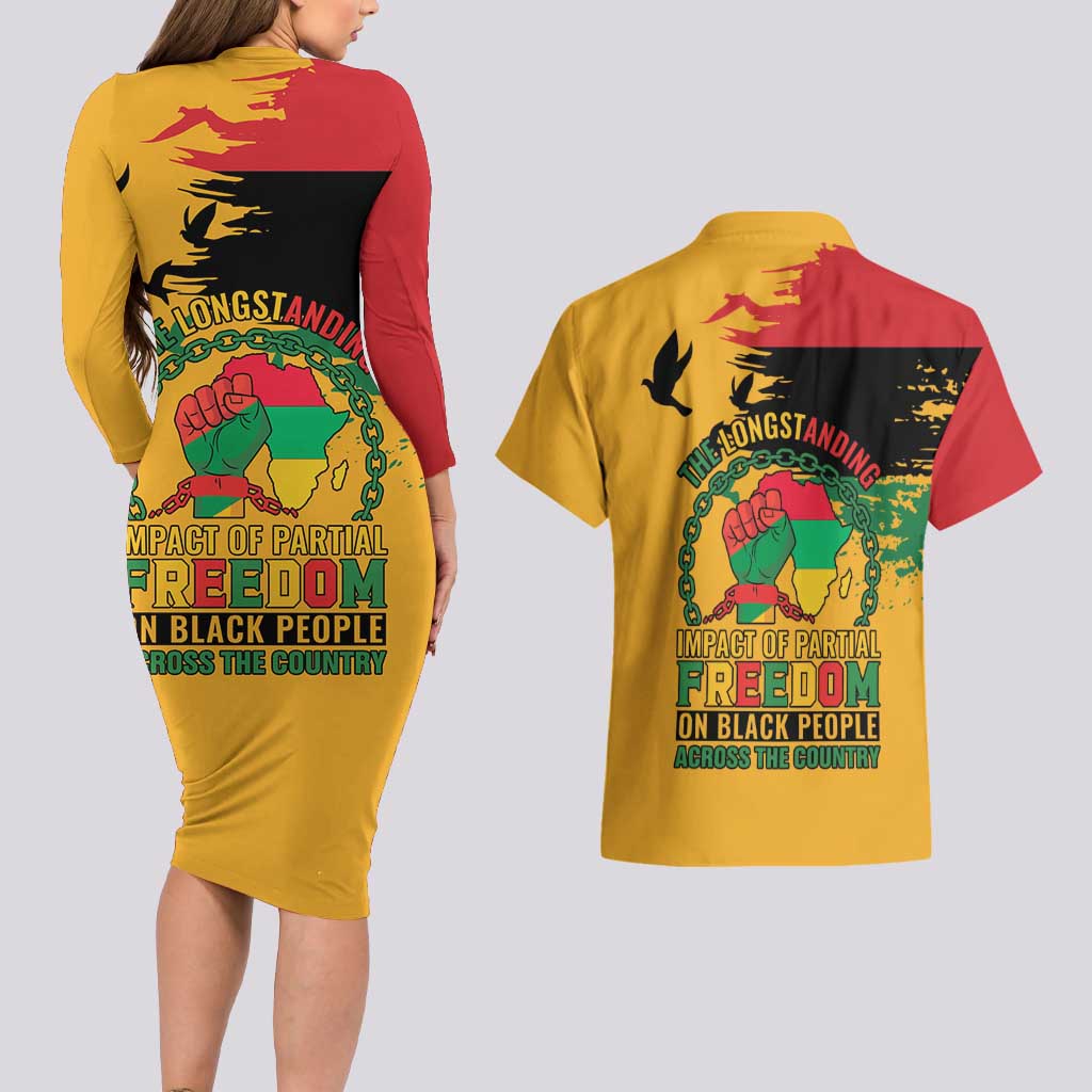 Juneteenth African American Couples Matching Long Sleeve Bodycon Dress and Hawaiian Shirt Free-ish Since 1865
