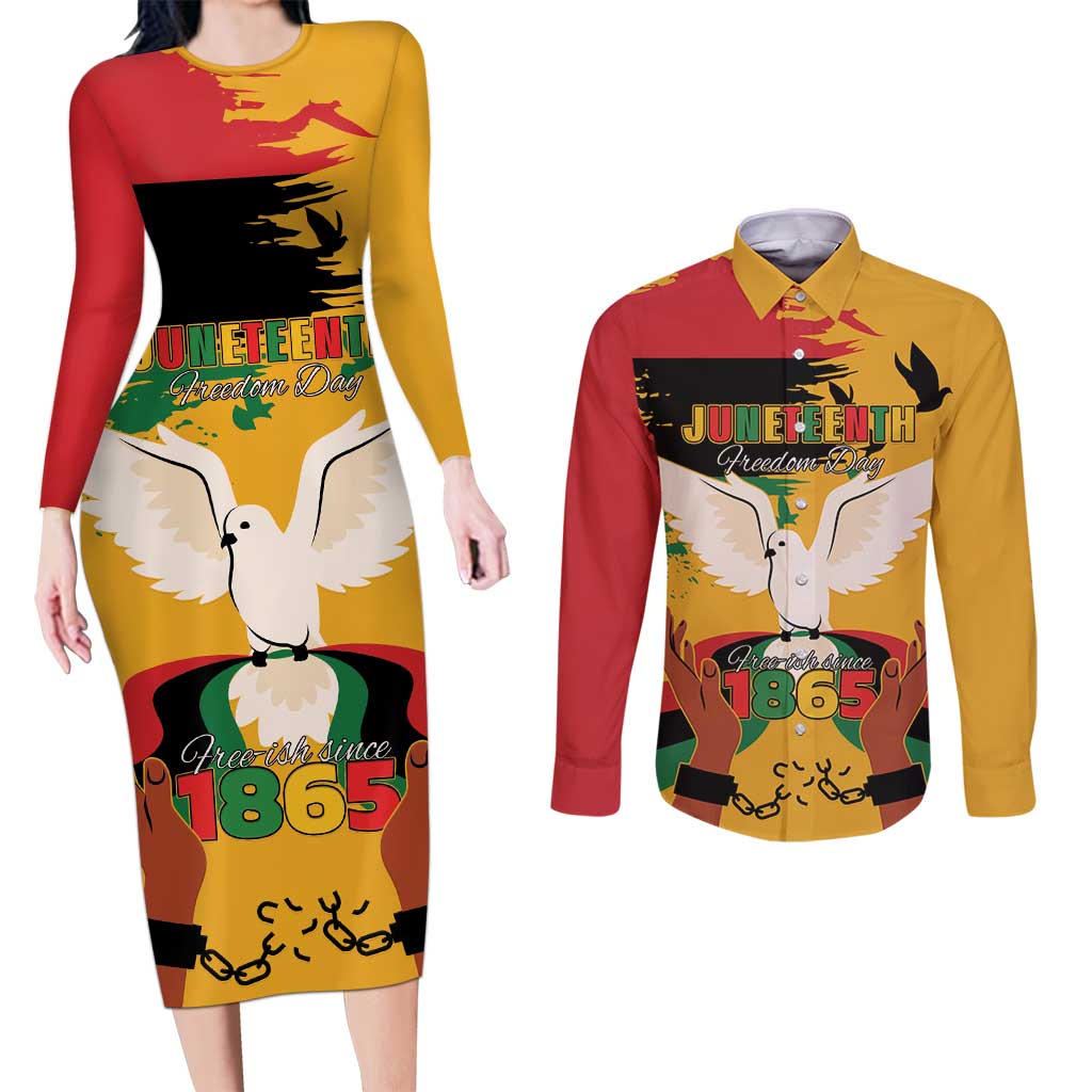 Juneteenth African American Couples Matching Long Sleeve Bodycon Dress and Long Sleeve Button Shirt Free-ish Since 1865