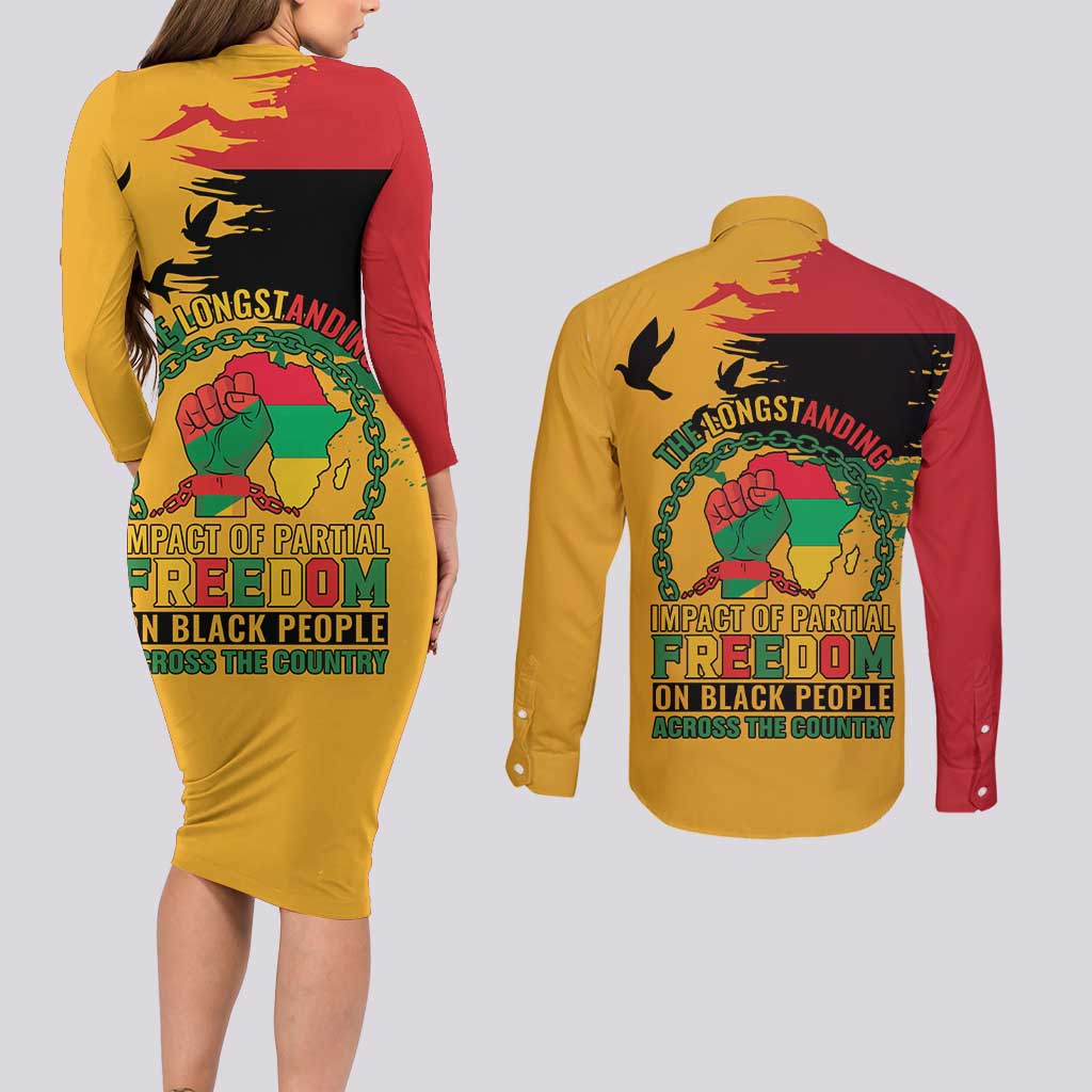 Juneteenth African American Couples Matching Long Sleeve Bodycon Dress and Long Sleeve Button Shirt Free-ish Since 1865