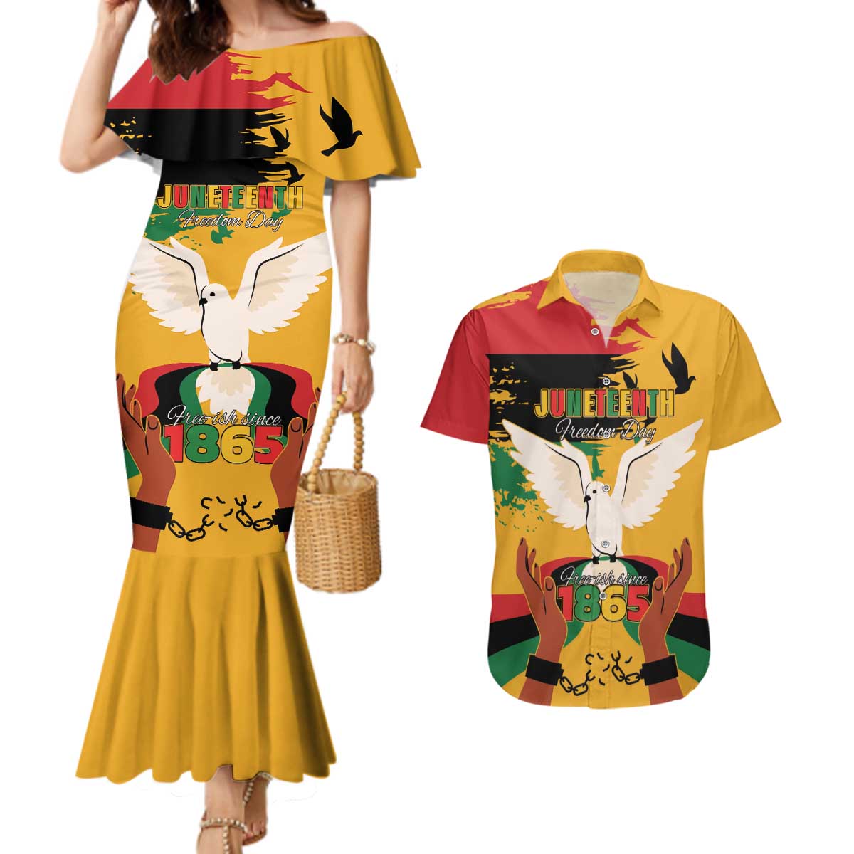 Juneteenth African American Couples Matching Mermaid Dress and Hawaiian Shirt Free-ish Since 1865