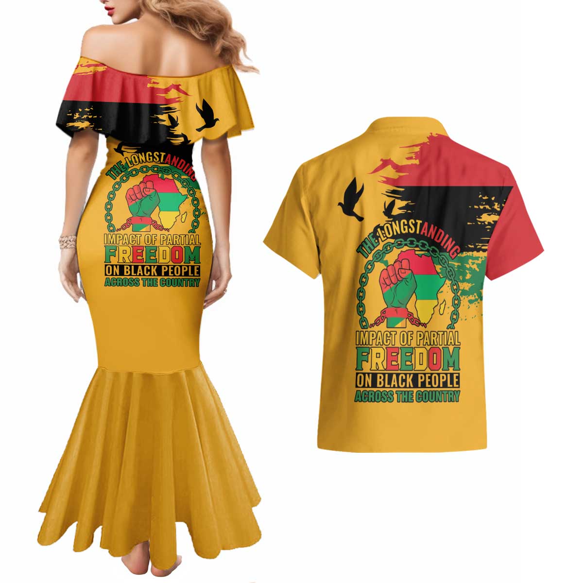 Juneteenth African American Couples Matching Mermaid Dress and Hawaiian Shirt Free-ish Since 1865