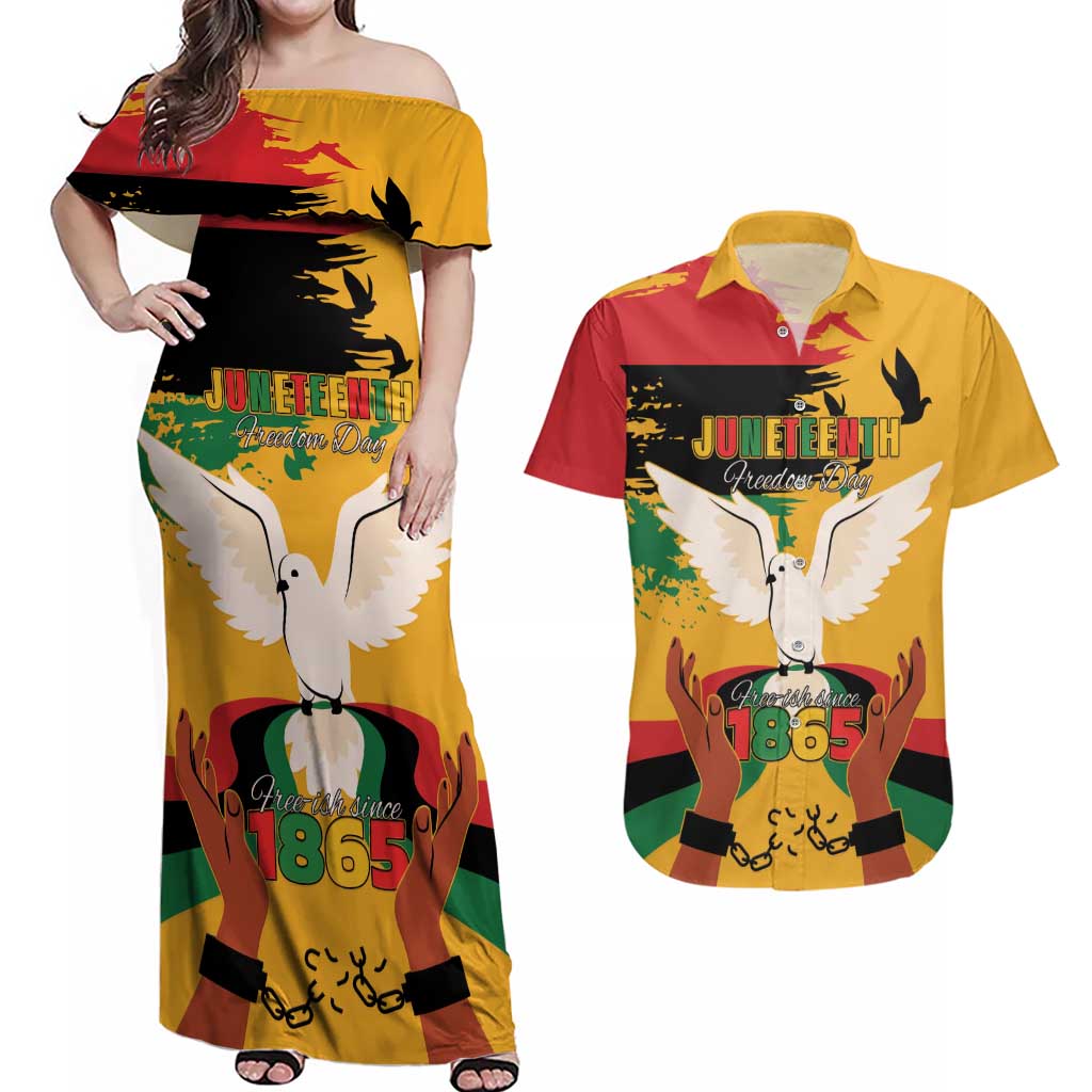 Juneteenth African American Couples Matching Off Shoulder Maxi Dress and Hawaiian Shirt Free-ish Since 1865