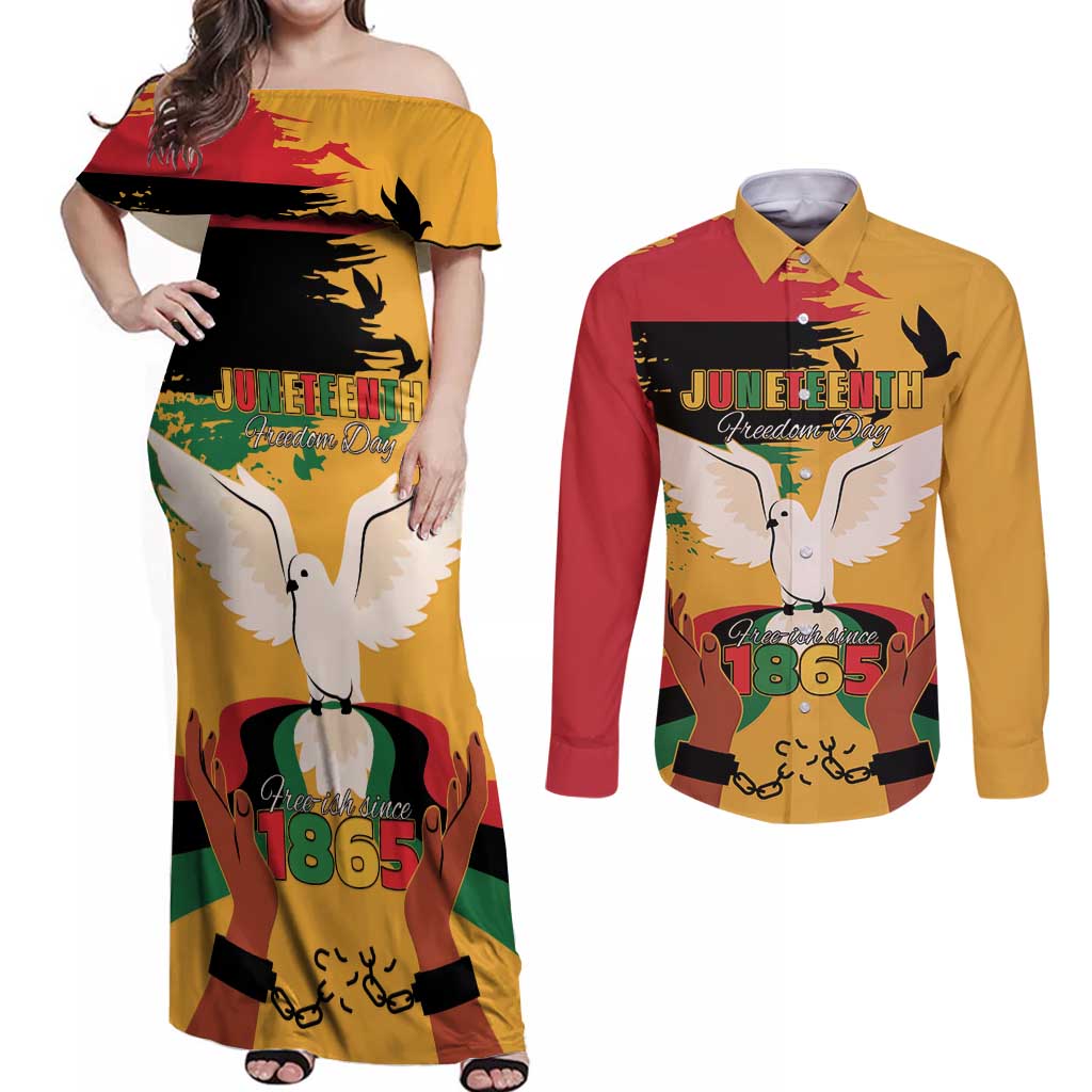 Juneteenth African American Couples Matching Off Shoulder Maxi Dress and Long Sleeve Button Shirt Free-ish Since 1865
