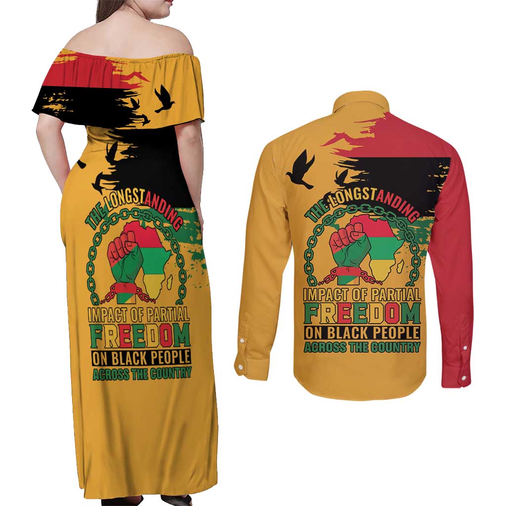 Juneteenth African American Couples Matching Off Shoulder Maxi Dress and Long Sleeve Button Shirt Free-ish Since 1865