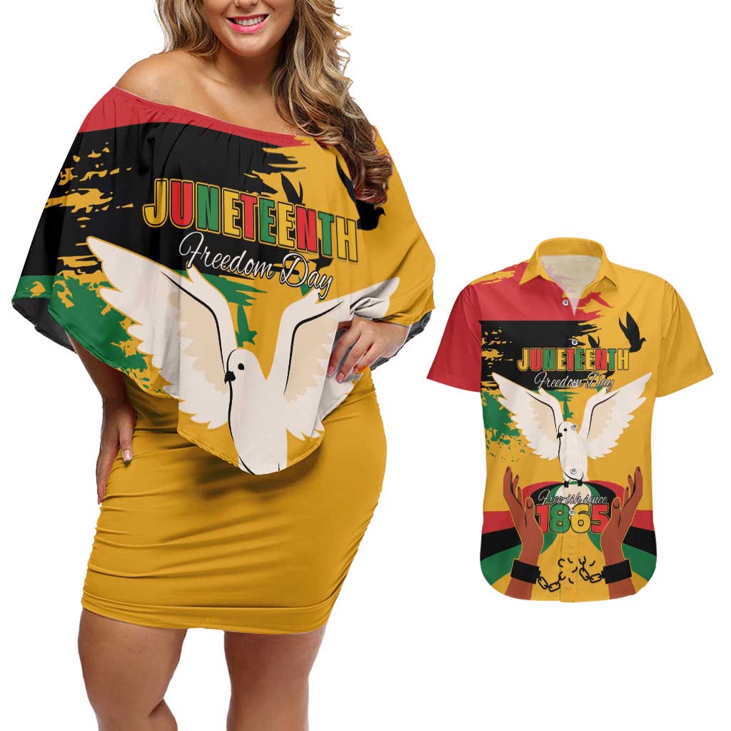 Juneteenth African American Couples Matching Off Shoulder Short Dress and Hawaiian Shirt Free-ish Since 1865