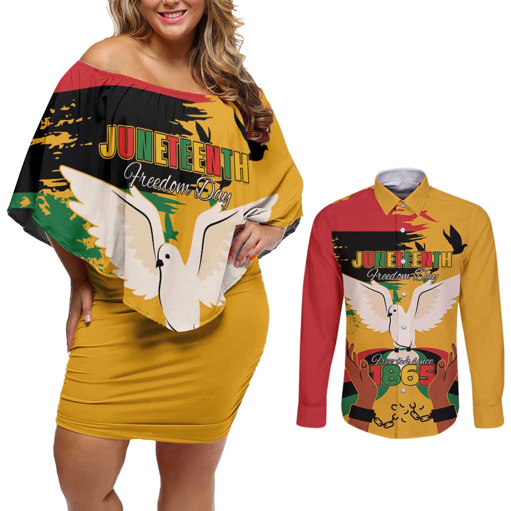 Juneteenth African American Couples Matching Off Shoulder Short Dress and Long Sleeve Button Shirt Free-ish Since 1865
