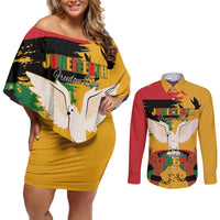 Juneteenth African American Couples Matching Off Shoulder Short Dress and Long Sleeve Button Shirt Free-ish Since 1865
