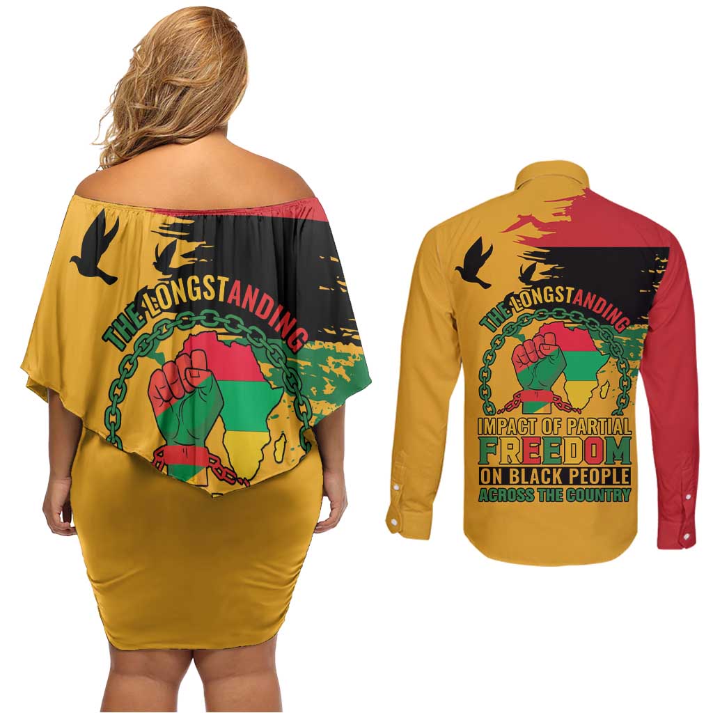 Juneteenth African American Couples Matching Off Shoulder Short Dress and Long Sleeve Button Shirt Free-ish Since 1865