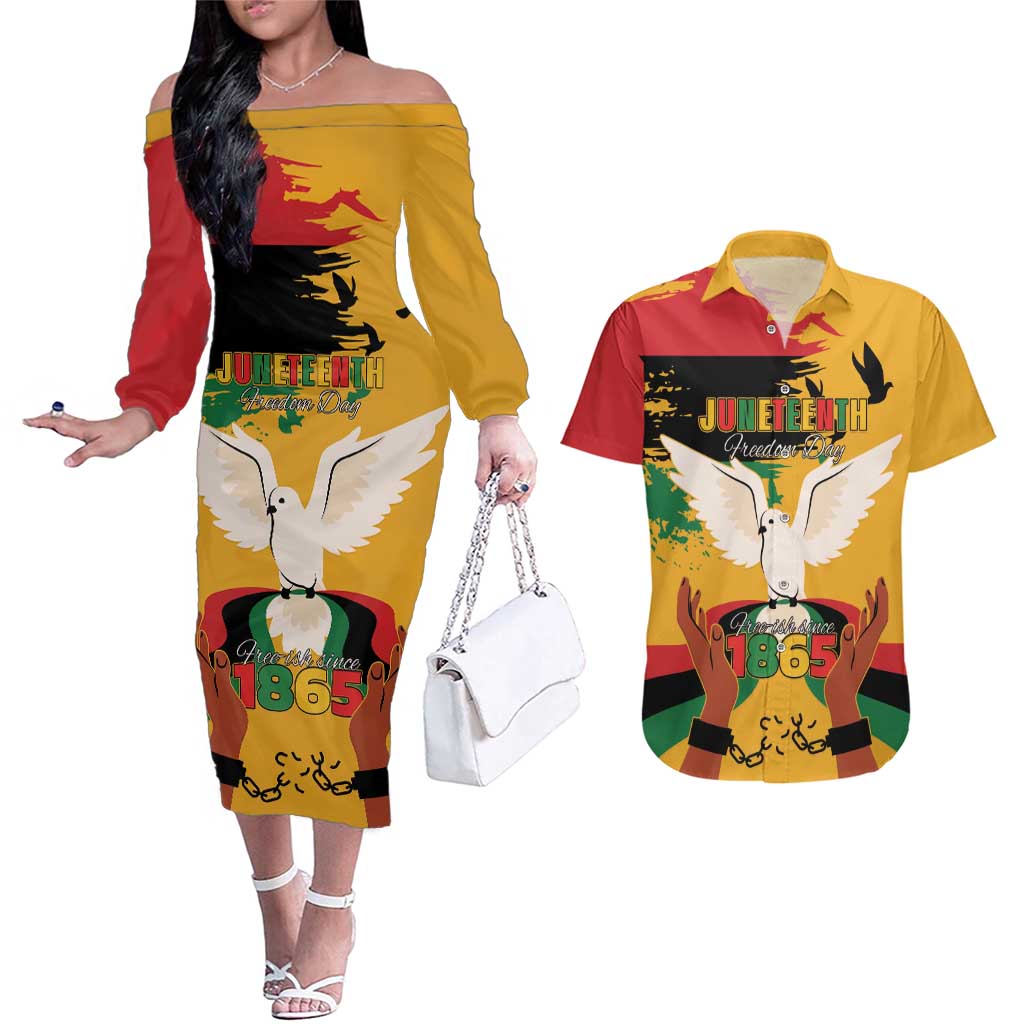 Juneteenth African American Couples Matching Off The Shoulder Long Sleeve Dress and Hawaiian Shirt Free-ish Since 1865