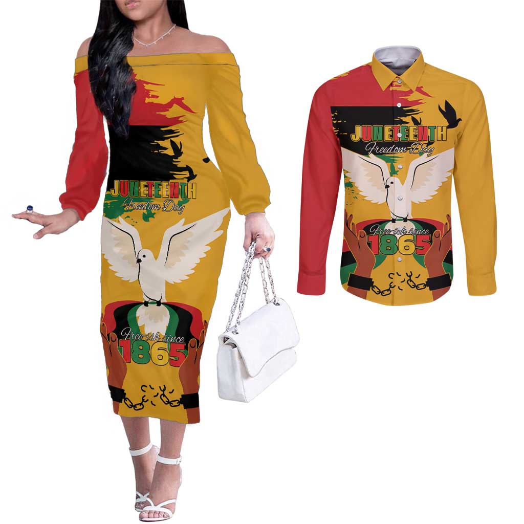 Juneteenth African American Couples Matching Off The Shoulder Long Sleeve Dress and Long Sleeve Button Shirt Free-ish Since 1865