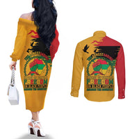 Juneteenth African American Couples Matching Off The Shoulder Long Sleeve Dress and Long Sleeve Button Shirt Free-ish Since 1865