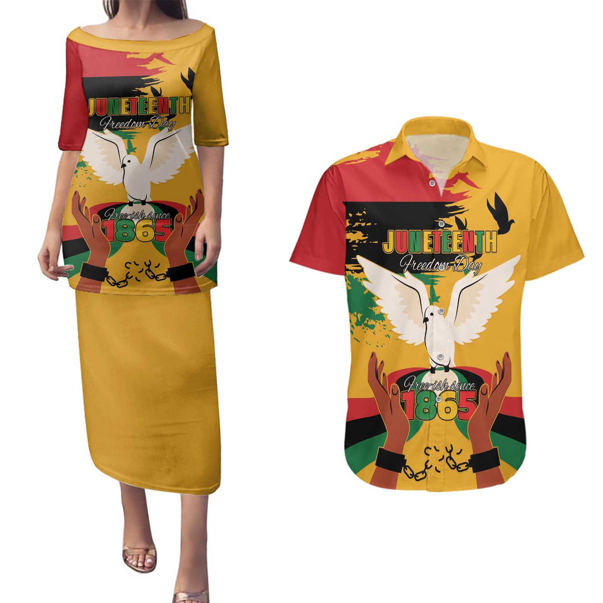 Juneteenth African American Couples Matching Puletasi and Hawaiian Shirt Free-ish Since 1865