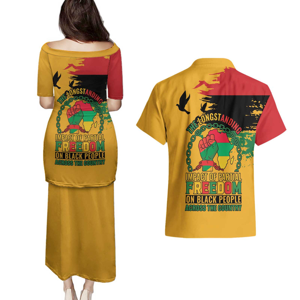 Juneteenth African American Couples Matching Puletasi and Hawaiian Shirt Free-ish Since 1865