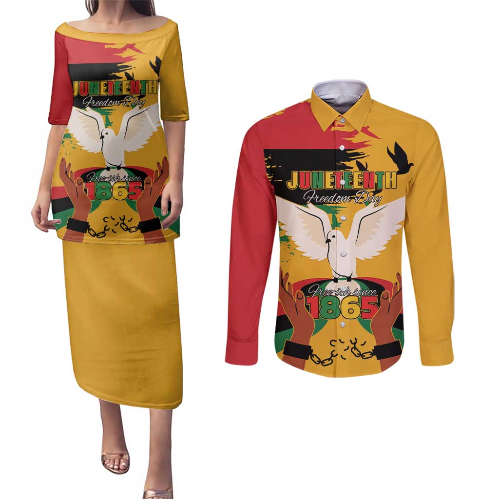 Juneteenth African American Couples Matching Puletasi and Long Sleeve Button Shirt Free-ish Since 1865